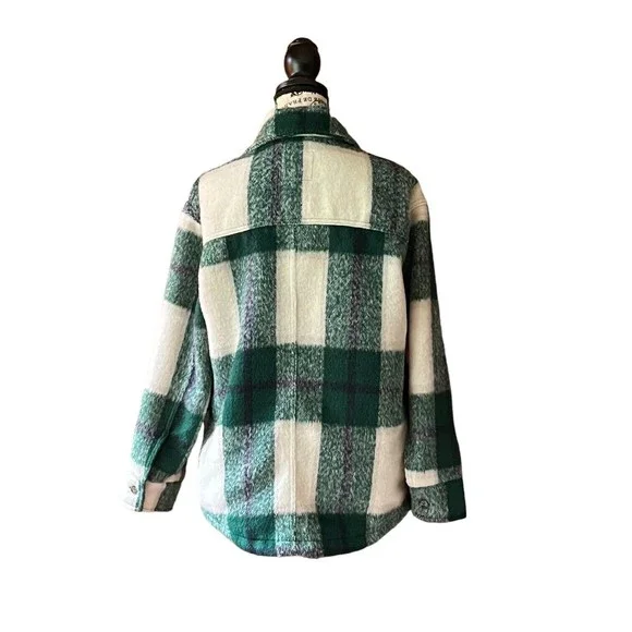 Avec Les Filles sz M green white plaid button up long sleeve Shacket Shirt - Picture 5 of 10